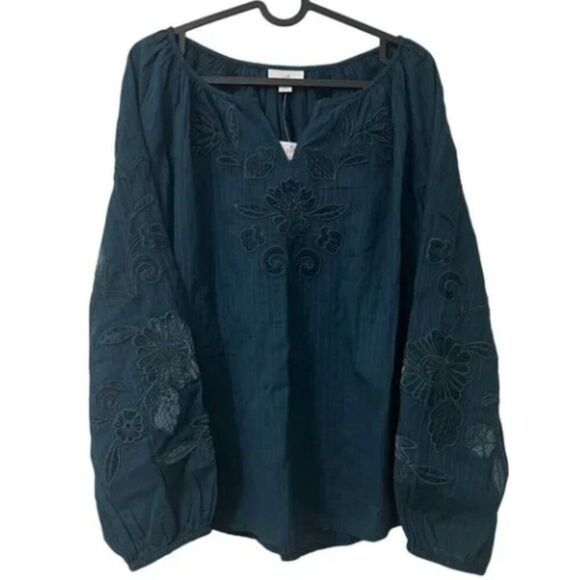 J. Jill Velvet Embellished Split Neckline Top Dark Teal Size Medium - Picture 1 of 8